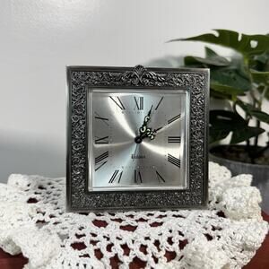 Vintage Bulova Desk Mantel Shelf Clock Ornate Silver Tone Roman Numerals Quartz